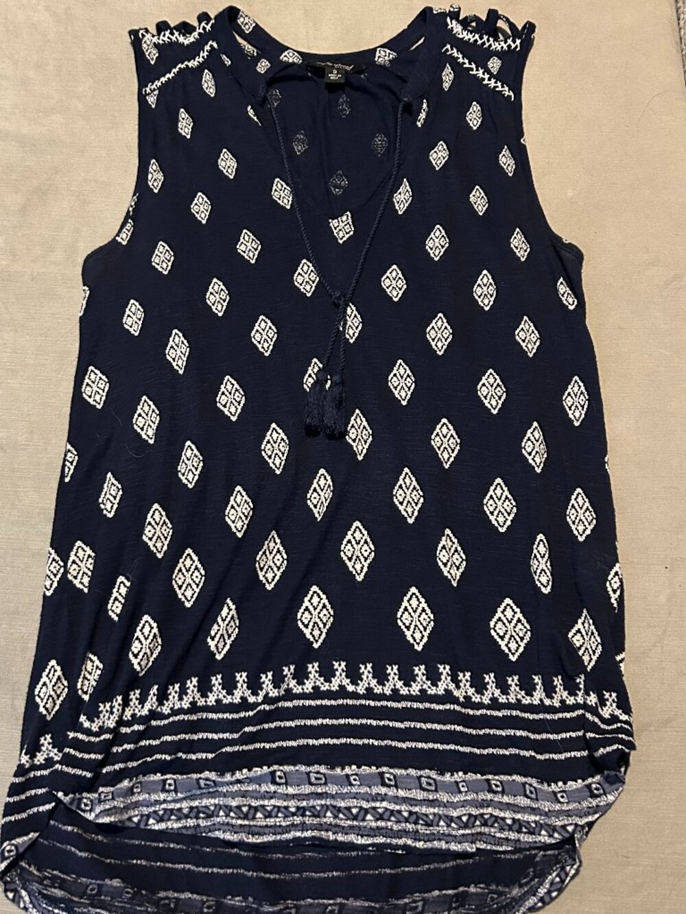 LUCKY BRAND Navy Blue White Diamond Geometric Tassel Tank Top Size S